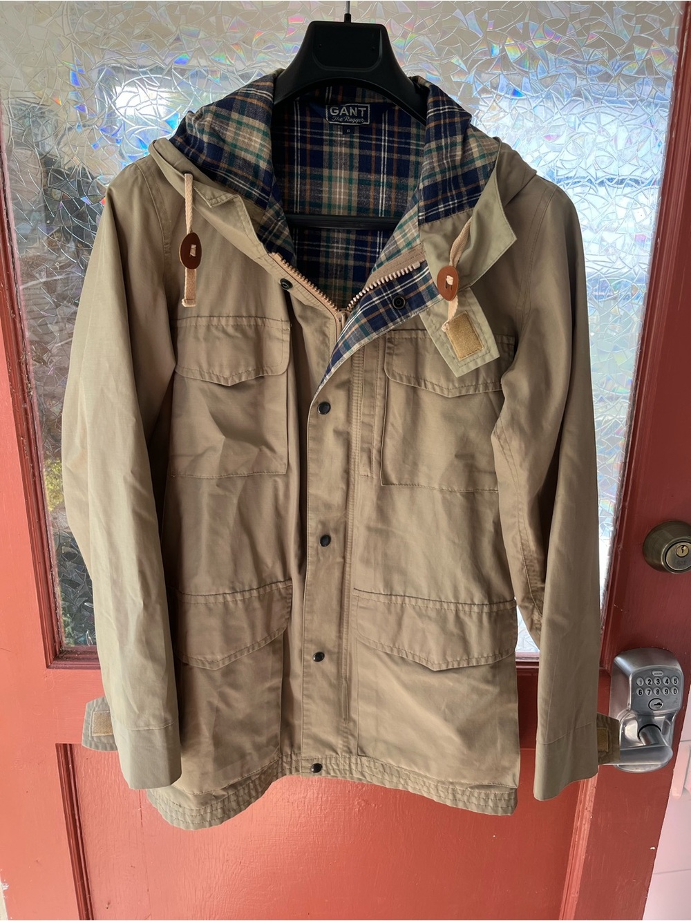 Gant Vintage Men's Tan Hooded Field Jacket with Plaid flannel Lining